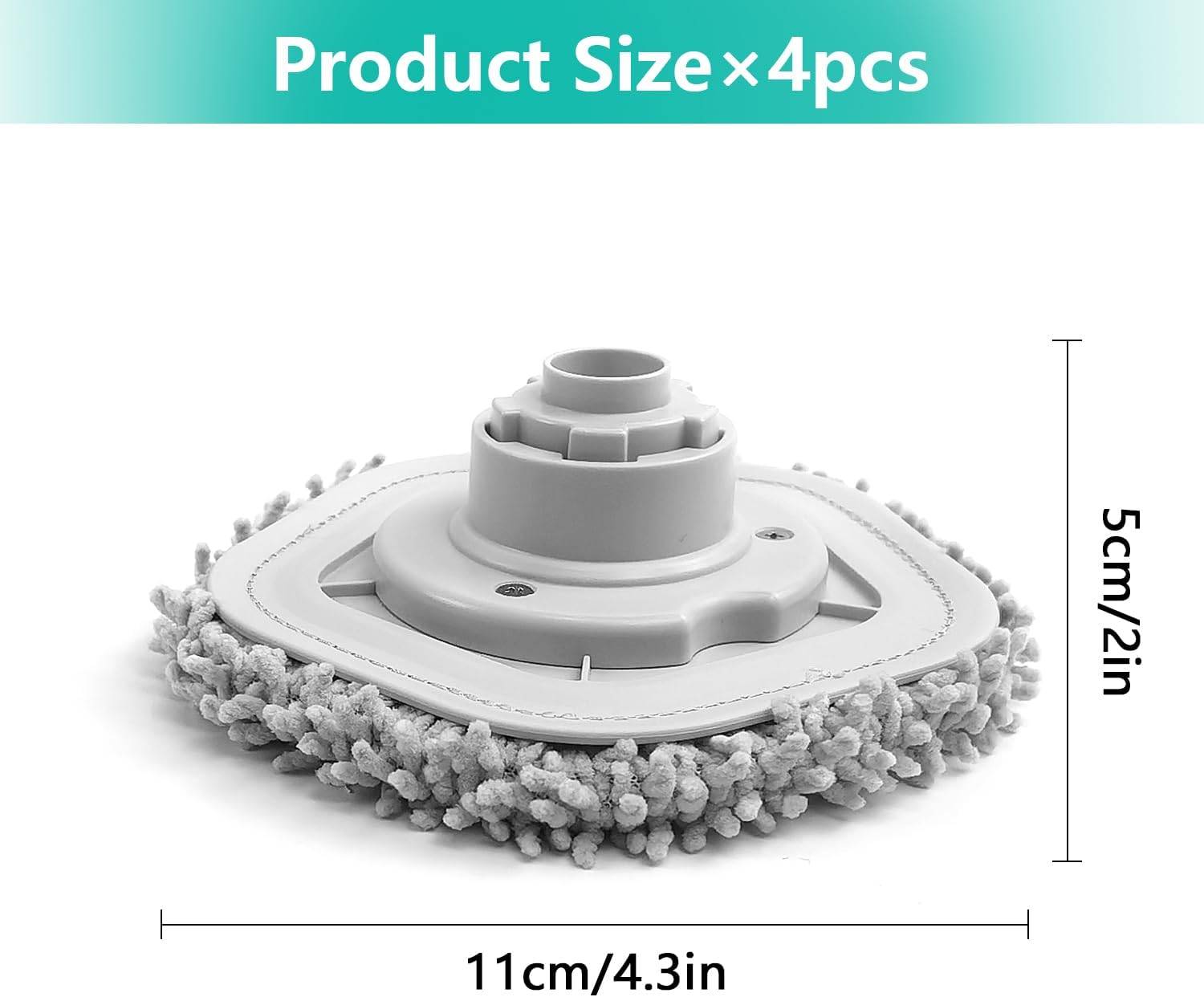 Produktgrößenbild eines rechteckigen Mopkopfs: 11 cm breit, 5 cm hoch, gezeigt mit Mikrofaser-Reinigungstuch und Mittelverbinder, beschriftet mit „Produktgröße × 4er"