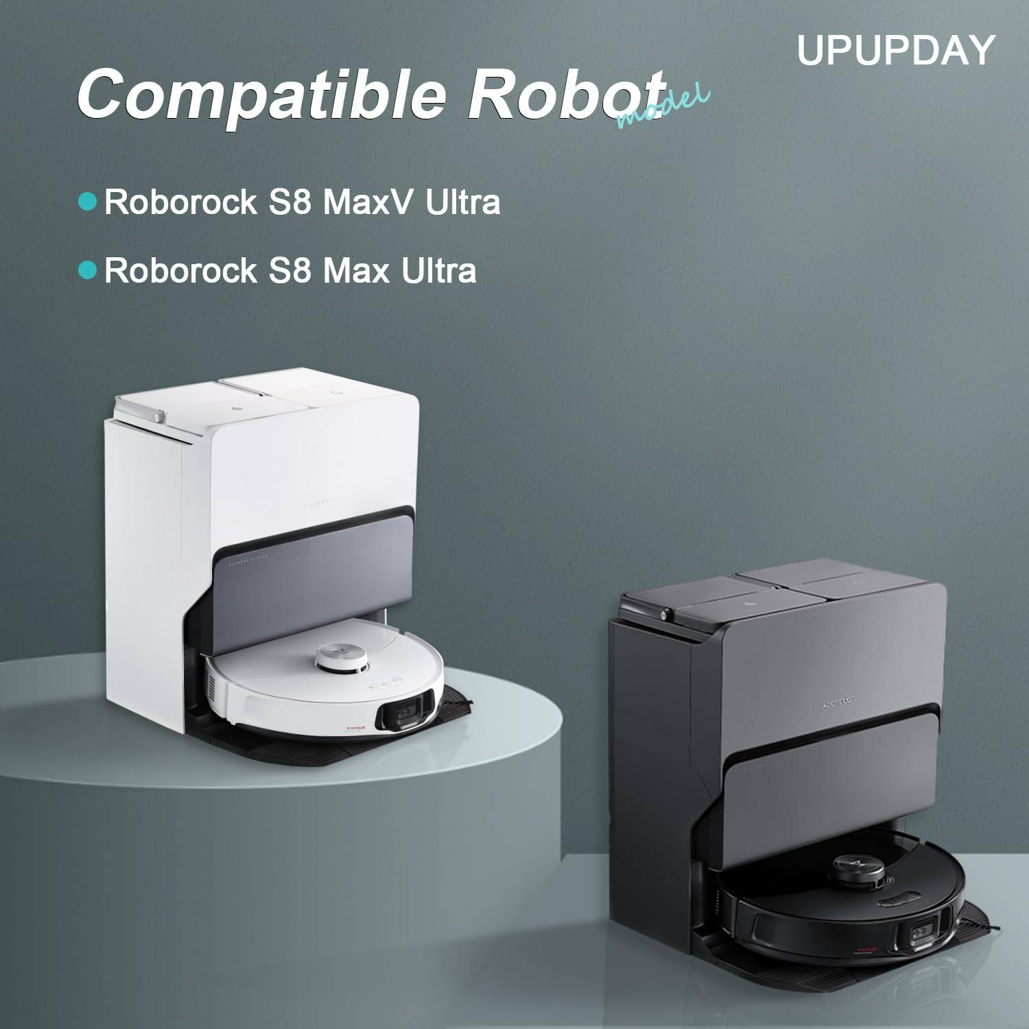 Produktbild mit Werbung für eine "kompatible Roboter""-Ladestation für Roborock S8 MaxV Ultra und S8 Max Ultra, gezeigt in Weiß und Dunkelgrau mit einem Staubsaugerroboter im Inneren.