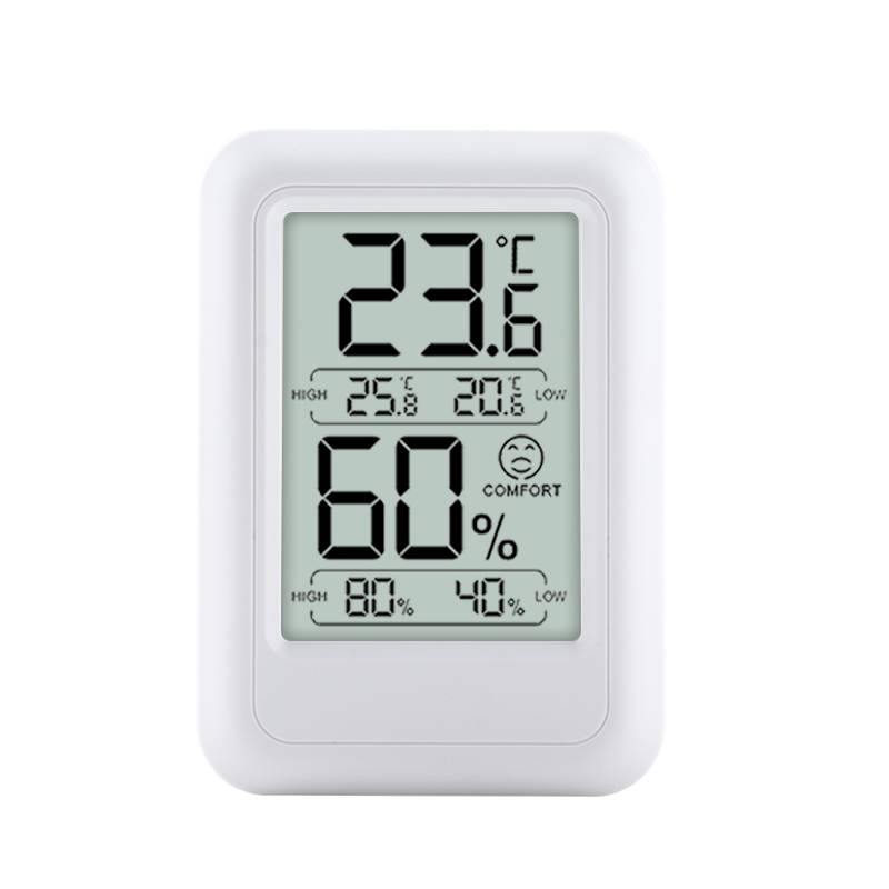 Digitales Thermometer-Hygrometer-Display, das 23,6°C und 60% Luftfeuchtigkeit anzeigt, mit Höchst-/Tiefstwert-Anzeigen und Komfortindikator.
