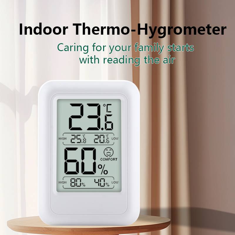 Produktanzeige für ein Indoor-Thermo-Hygrometer mit Anzeige von 23,6°C und 60% Luftfeuchtigkeit und dem Text „Die Fürsorge für deine Familie beginnt mit dem Lesen der Luft