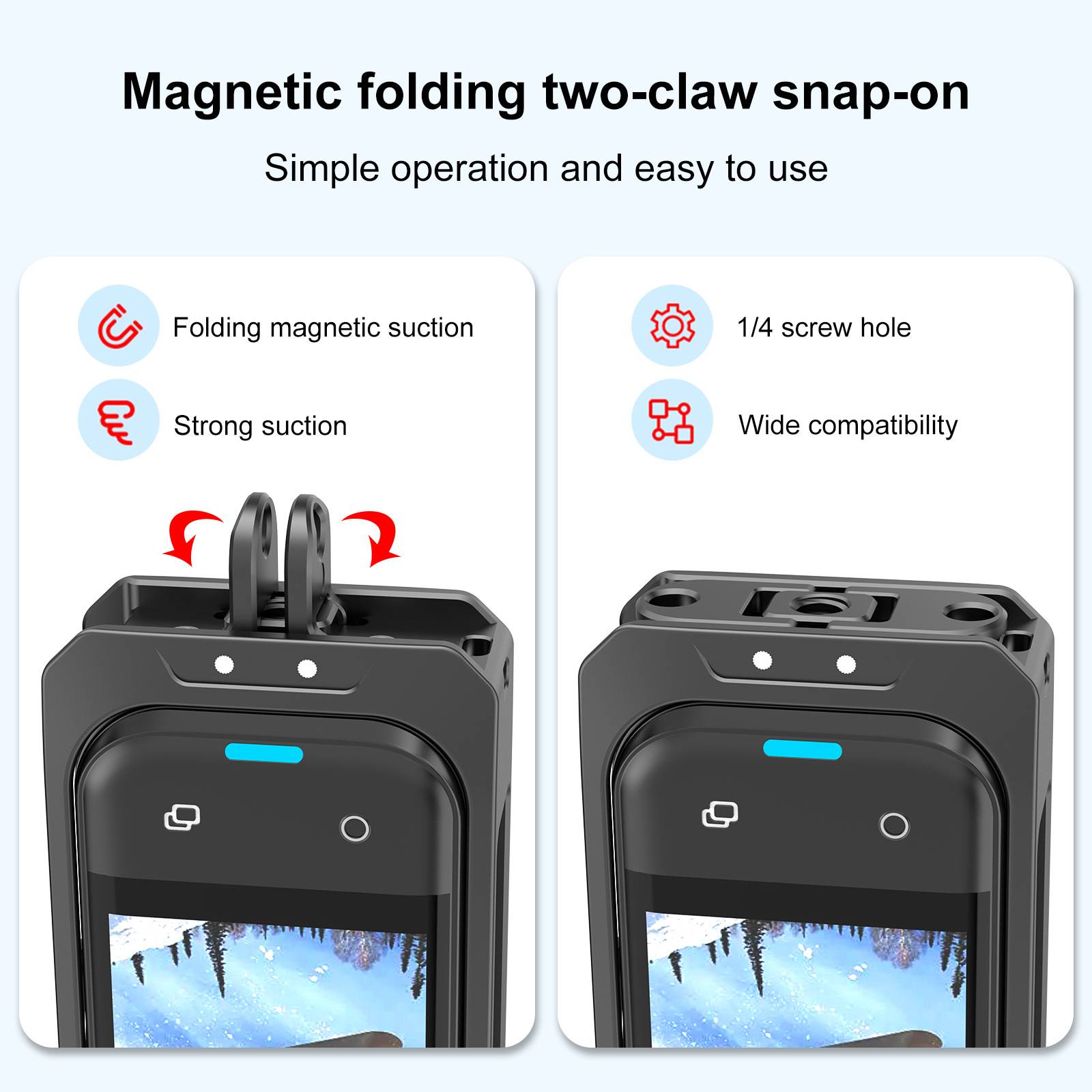 Produktinfografik einer magnetischen Klapp-Zwei-Klauen-Schnapphandy-Halterung mit magnetischer Klappansaugung, starkem Halt, 1/4-Schrauchloch und breiter Kompatibilität.
