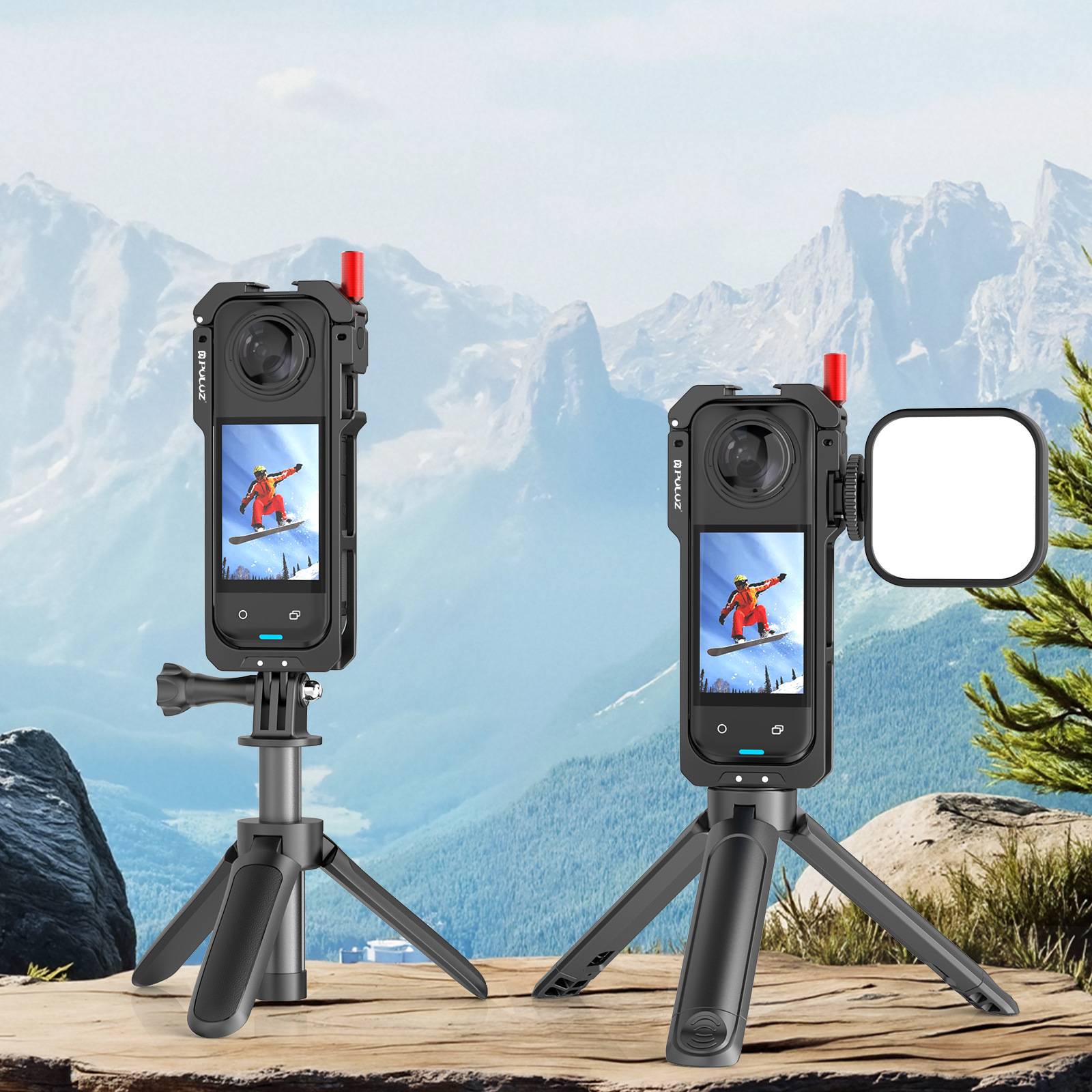 Zwei schwarze Action-Kameras auf Mini-Stativen, eine mit einem seitlichen Lichtpanel, im Freien vor einer Bergkulisse angezeigt.