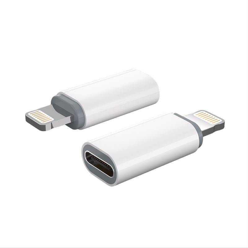 Zwei weiße Adapter-Dongles: einer mit Lightning-Stecker, einer mit USB-C-Anschluss und Lightning-Stecker, gezeigt auf weißem Hintergrund.