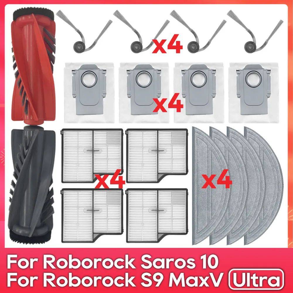Zubehörset für Roborock Saros 10 und S9 MaxV Ultra, bestehend aus Ersatzwalzenbürsten, Staubsäckern, Filtern und Wischtüchern in der Menge von je 4 Stück.