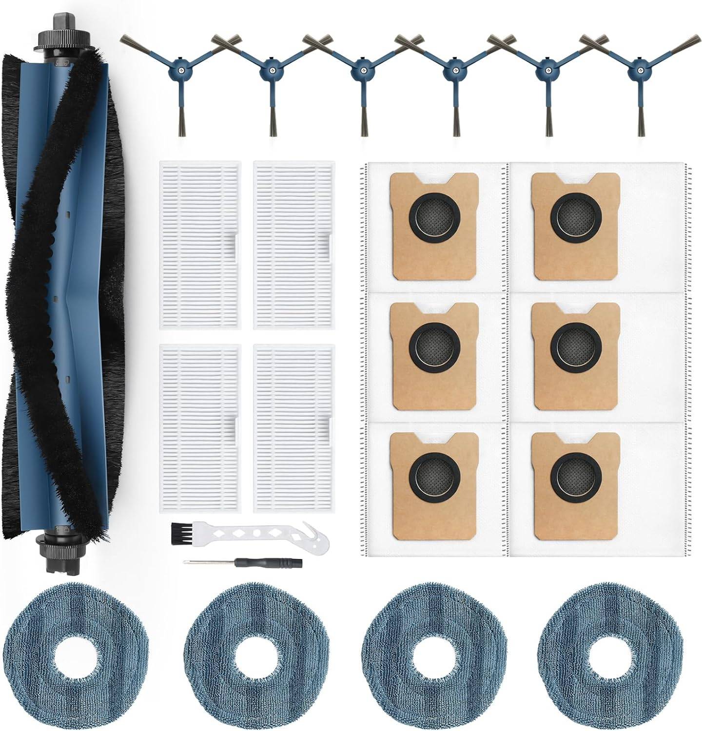 Assortierte Ersatzteile für Roboterstaubsauger: Walzenbürste, Filter, Wischmoppad und Staubsäcke auf weißem Hintergrund angeordnet.
