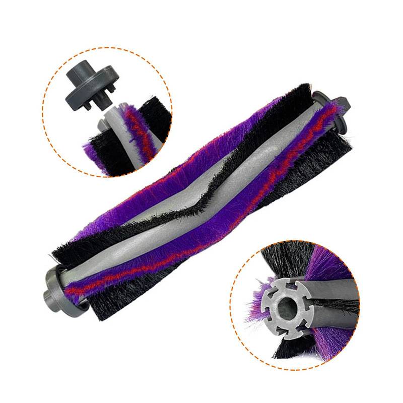 Vakuumwalzenbürste mit violetten und schwarzen Borsten, dargestellt mit zwei Nahaufnahmen der Endkappe und des Steckers.