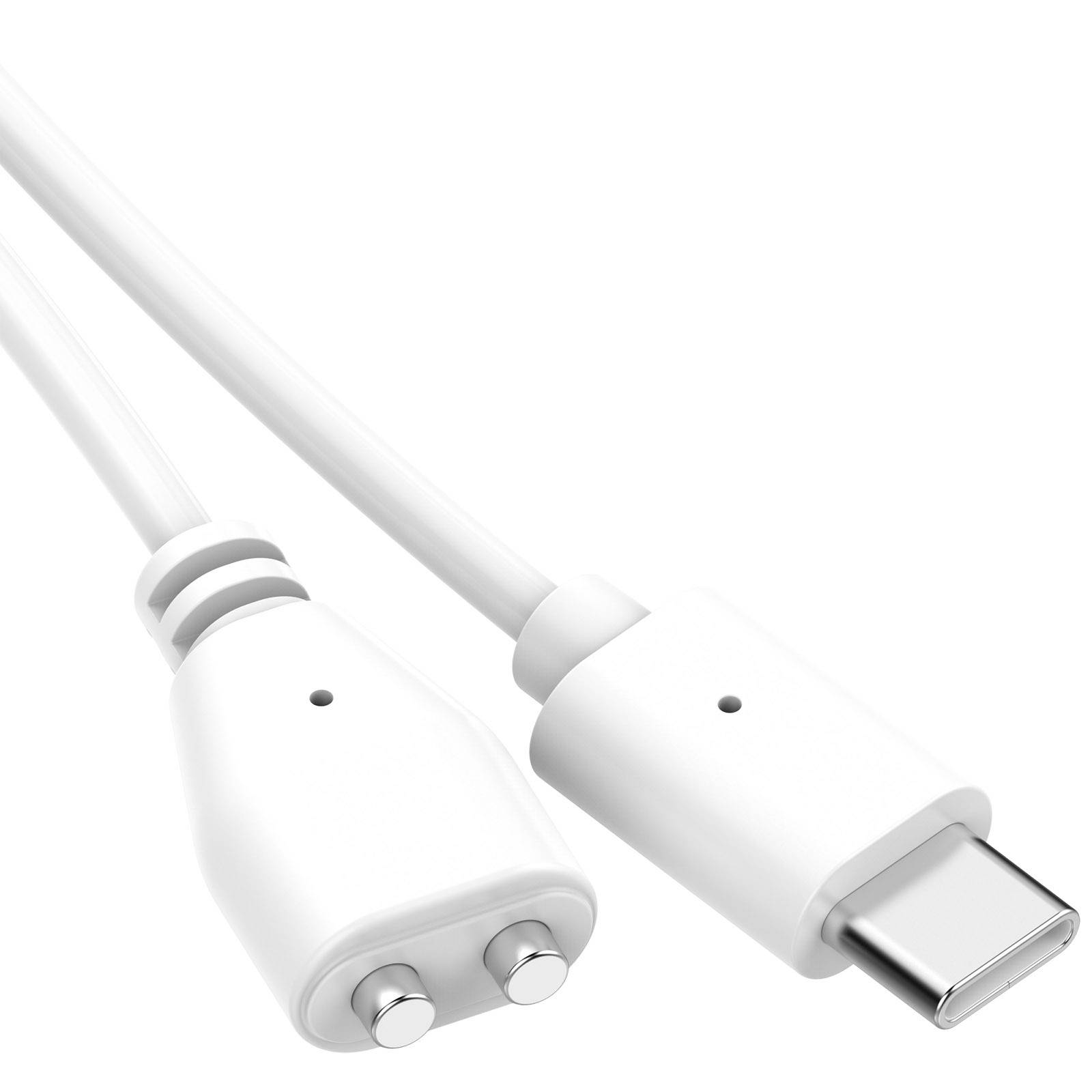 Weißes USB-C-Kabel mit fernbedienungsgleichem Inline-Gerät mit zwei Tasten, auf einem einfachen weißen Hintergrund abgebildet.