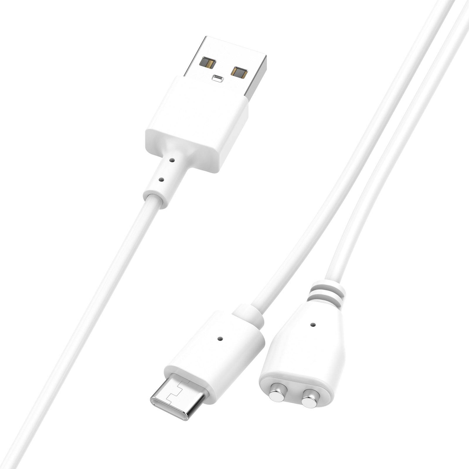 Weißes USB-Ladekabel mit USB-A-Stecker und zwei Geräteverbindern: USB-C und Lightning-ähnlich, auf schlichttem Hintergrund gezeigt.