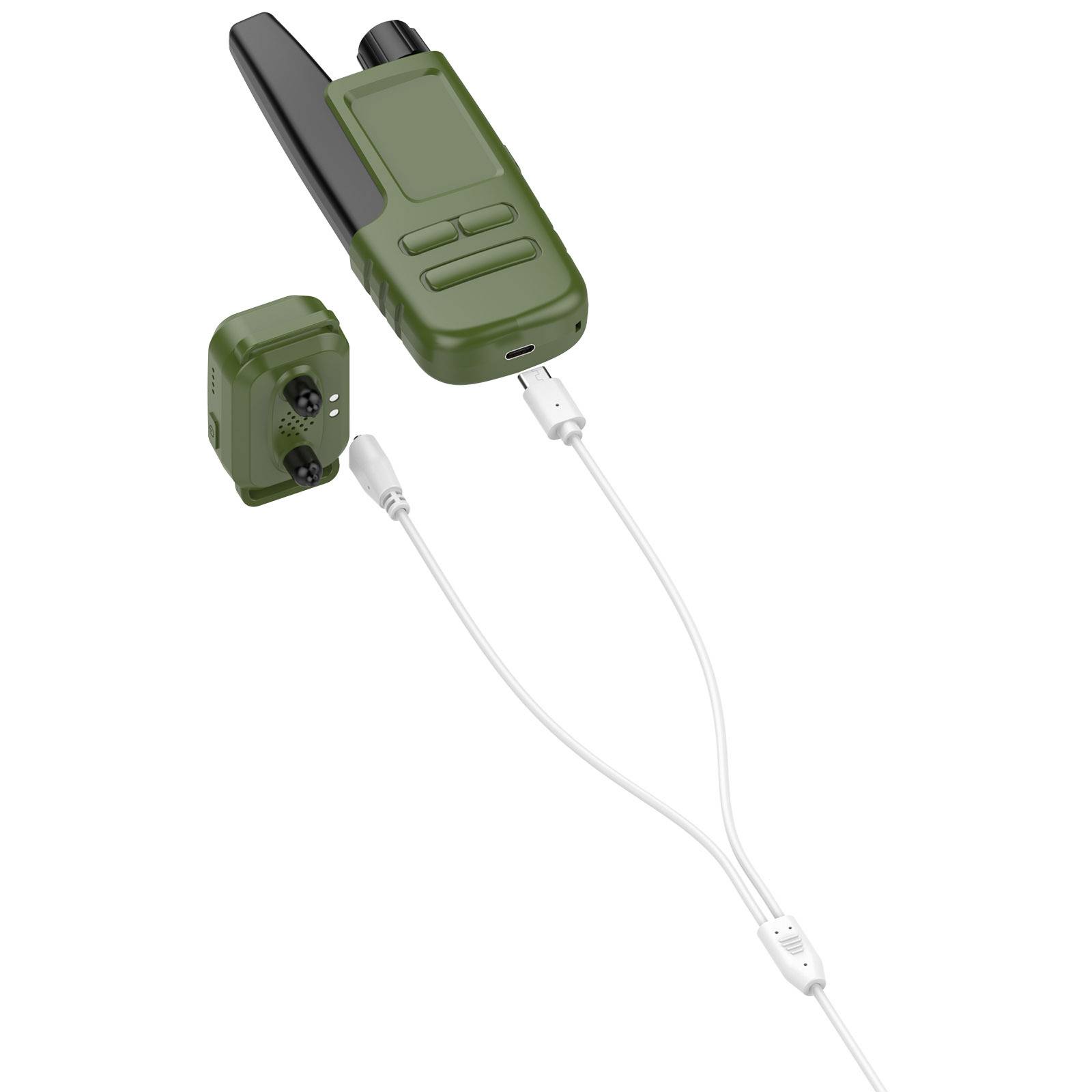 Grünes tragbares Funkgerät und separates Kameramodul, das durch weiße Kabel verbunden ist, dargestellt als Gerätesatz auf weißem Hintergrund.