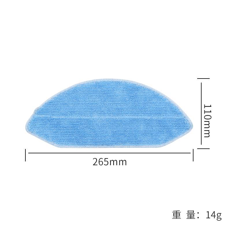 Blauer halbkreisförmiger Moppad mit Abmessungen von 265 mm Breite und 110 mm Höhe; Gewicht angegeben als 14 g.