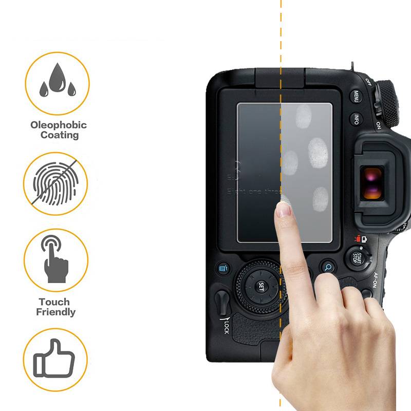 Displayschutzfolie für Kameras mit einem Finger, der auf das Display tippt; Seitensymbole zeigen oleophobe Beschichtung, Fingerabdruckbeständigkeit und Touch-freundlichkeit an.