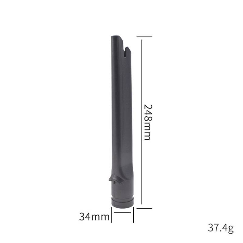 Schwarzes zylindrisches Teil, in der Seitenansicht dargestellt, mit beschrifteten Abmessungen von 248 mm Höhe und 34 mm Breite, Gewicht 37,4 g.