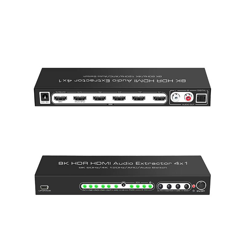 Zwei Ansichten eines schwarzen 8K HDR HDMI-Audio-Extraktors 4x1, die HDMI-Ein-/Ausgänge, digitalen Audio-Ausgang, analogen Audio-Ausgang, Status-LEDs und einen Einschaltknopf zeigen.