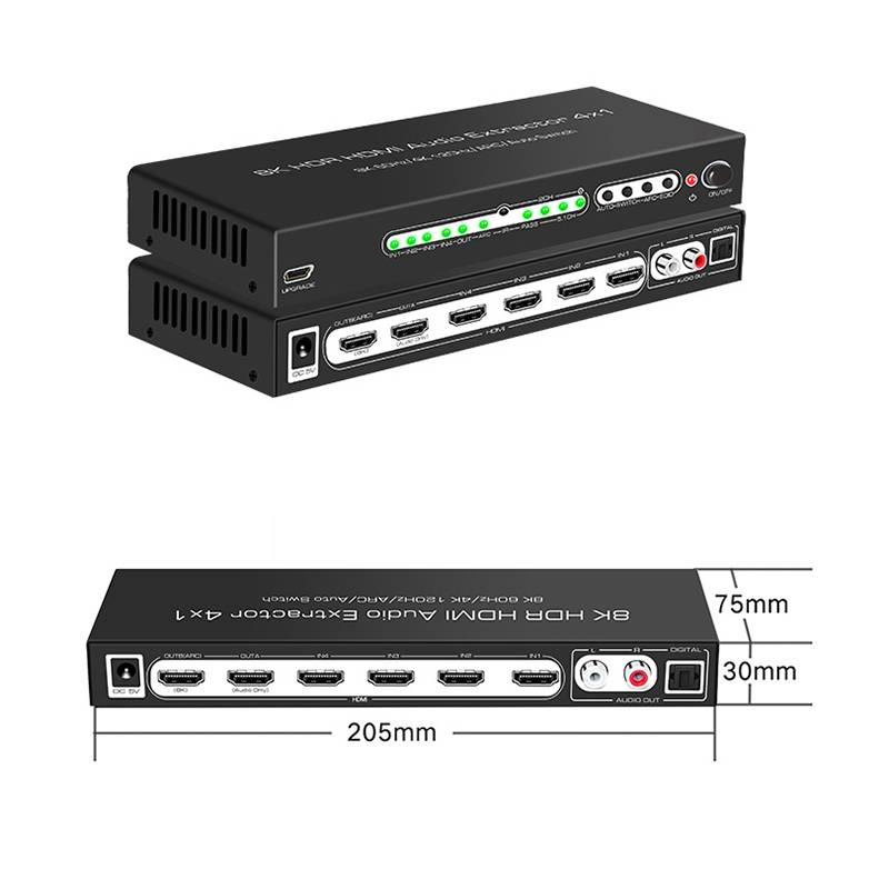 Schwarze 4K-HDMI-Audio-Extractor-Box mit mehreren HDMI-Anschlüssen, RCA-Audioausgängen und angegebenen Abmessungen: 205 mm breit, 75 mm tief, 30 mm hoch.