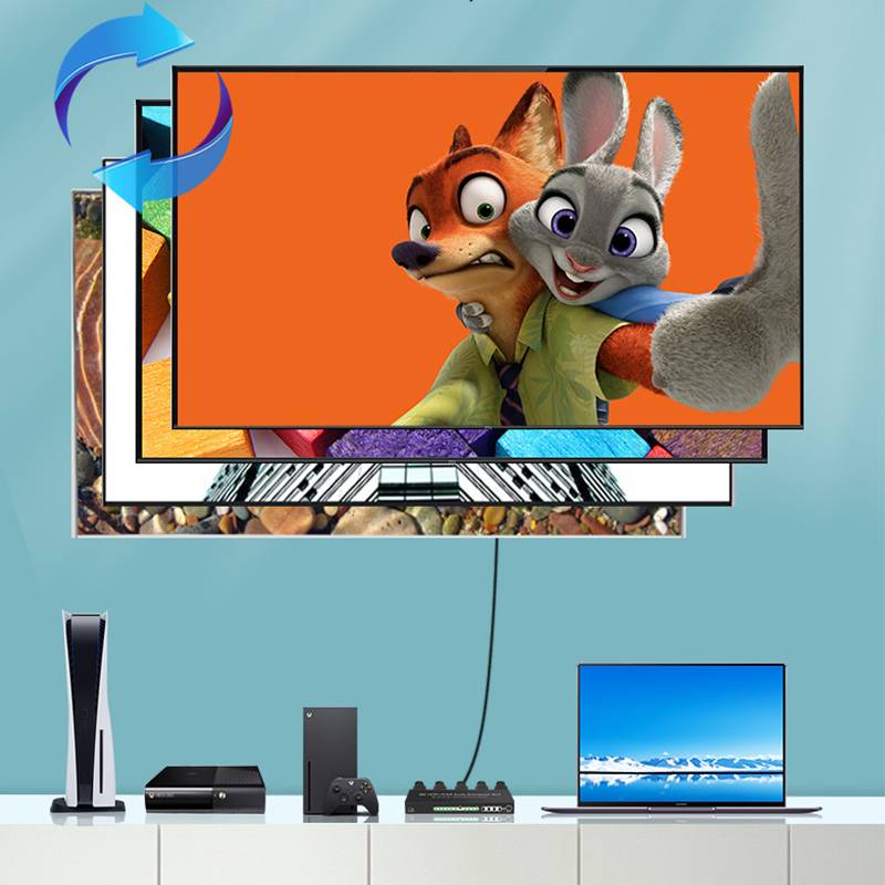 Illustration eines Gaming-/Streaming-Setups: Gestapelte Bildschirme zeigen animierte Charaktere auf einem großen Monitor, mit einer Spielkonsole, einem Router und einem darunter angeschlossenen Laptop.