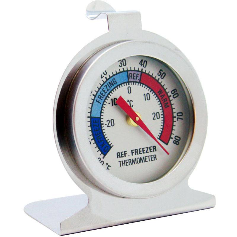 Analoges Kühlschrank-/Gefrierschrank-Thermometer mit der Nadel in der Nähe von 0°C, mit blauer Zone 