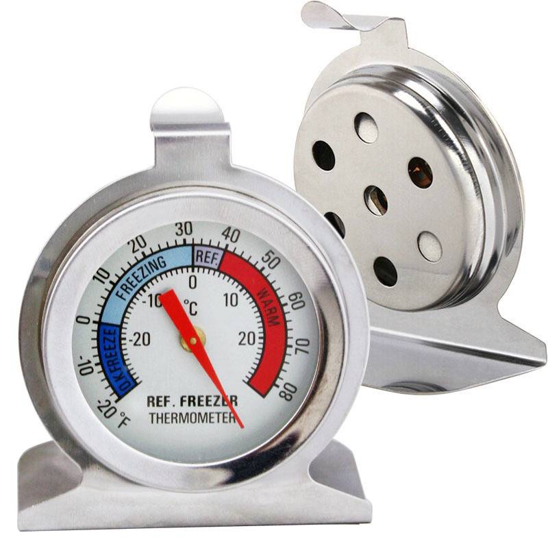 Thermometer für Kühlschrank/Gefrierschrank aus Edelstahl mit roter Nadel, das eine Temperaturskala von unter 0°F bis 80°F anzeigt und farbcodierte Zonen für Gefrieren/Kühlschrank/Warmbereich hat.