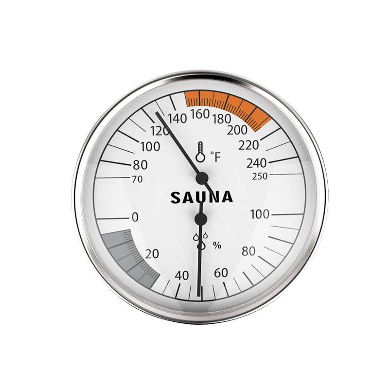 Rundes Sauna-Thermometer-Hygrometer, das etwa 130°F und etwa 45% Luftfeuchtigkeit anzeigt, mit einer gekennzeichneten Hochtemperaturzone.