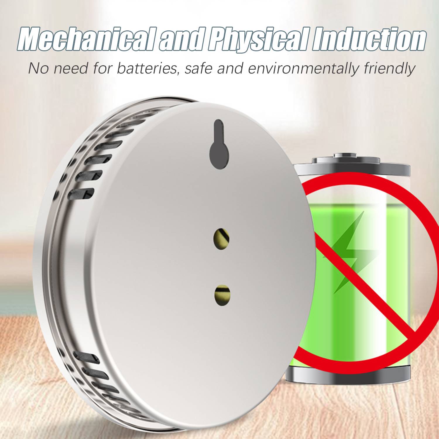 Illustration eines batterielosen mechanischen und physikalischen Induktionsgeräts mit Text, der besagt „Keine Batterien erforderlich, sicher und umweltfreundlich" und einem durchgestrichenen Batteriesymbol.