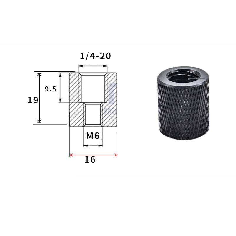 Bemaßte Zeichnung und Foto einer gerippten Metallgewindebuchse, die ein 1/4-20er Gewinde oben, M6-Gewinde unten, 19 mm Höhe und 16 mm Breite zeigt.