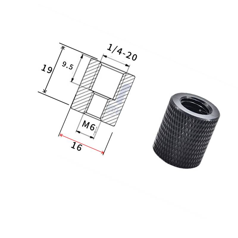 Gerillte zylindrische Metalleinsatz mit Innengewinde, dargestellt neben einem bemaßten Querschnitt mit den Bezeichnungen 1/4-20, M6, 19, 16 und 9,5.
