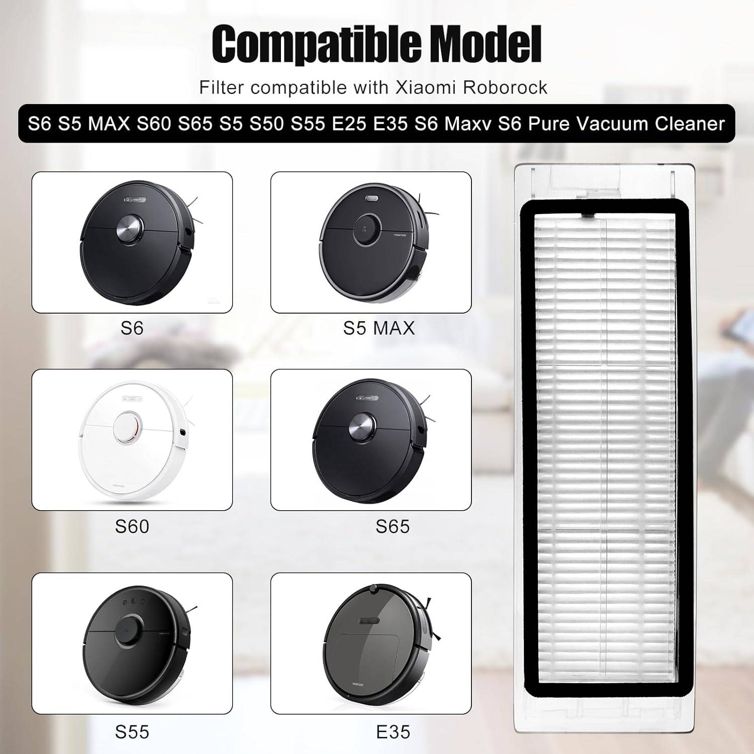 Kompatibilitätstabelle für Xiaomi Roborock Staubsaugerfilter, mit den Modellen S6, S5 Max, S60, S65, S5, S50, S55, E25, E35, S6 MaxV und S6 Pure, mit Produktbildern und einer Filterkassette.