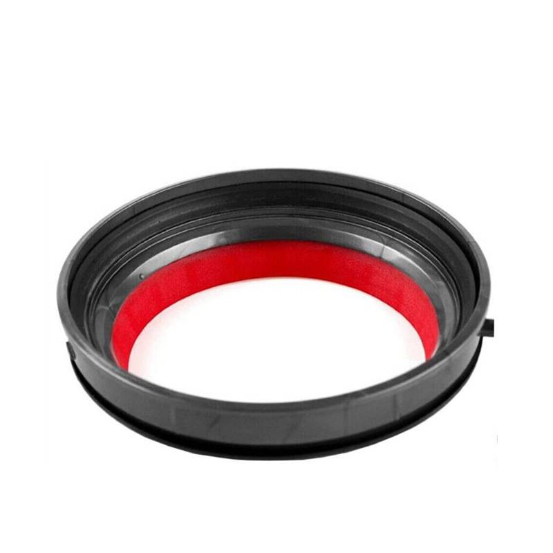 Schwarze kreisförmige Gummidichtung oder Dichtungsring mit roter Innenseite, auf weißem Hintergrund dargestellt.
