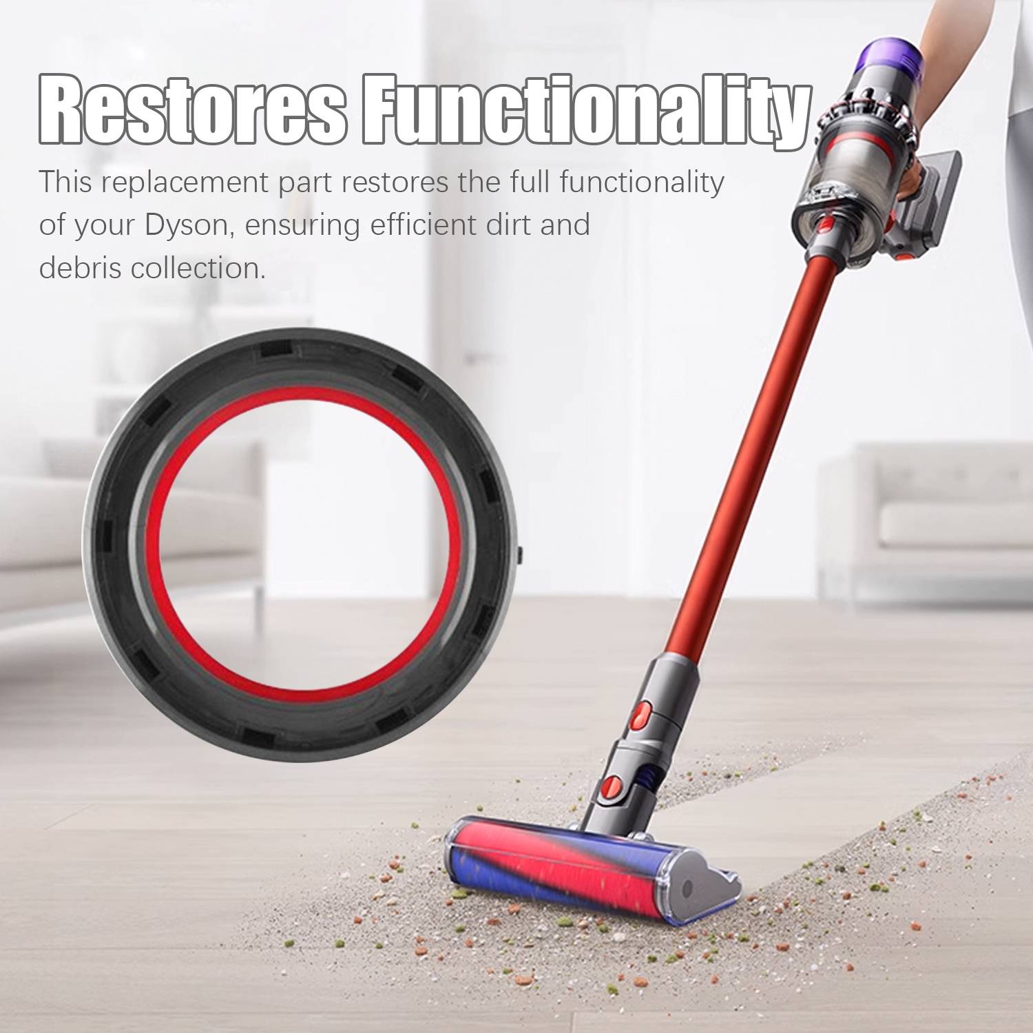 Anzeige zeigt ein Dyson-Staubsauger-Ersatzteil und eine Reinigungsbürste mit dem Text „Stellt die Funktionalität wieder her" und bewirbt effiziente Schmutz- und Schuttentfernung.