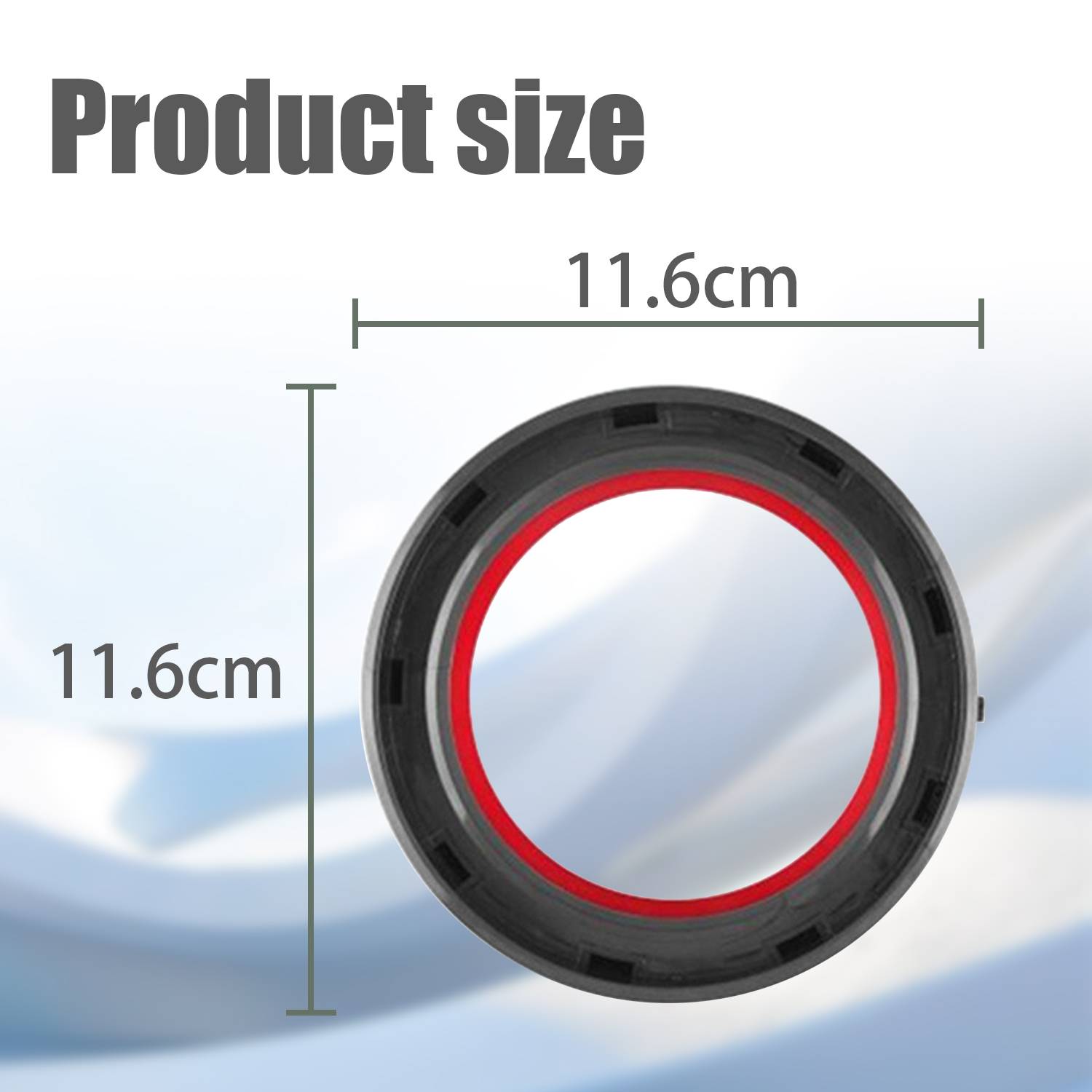 Produktgrößen-Diagramm mit einem runden Ring, 11,6 cm breit und 11,6 cm hoch.