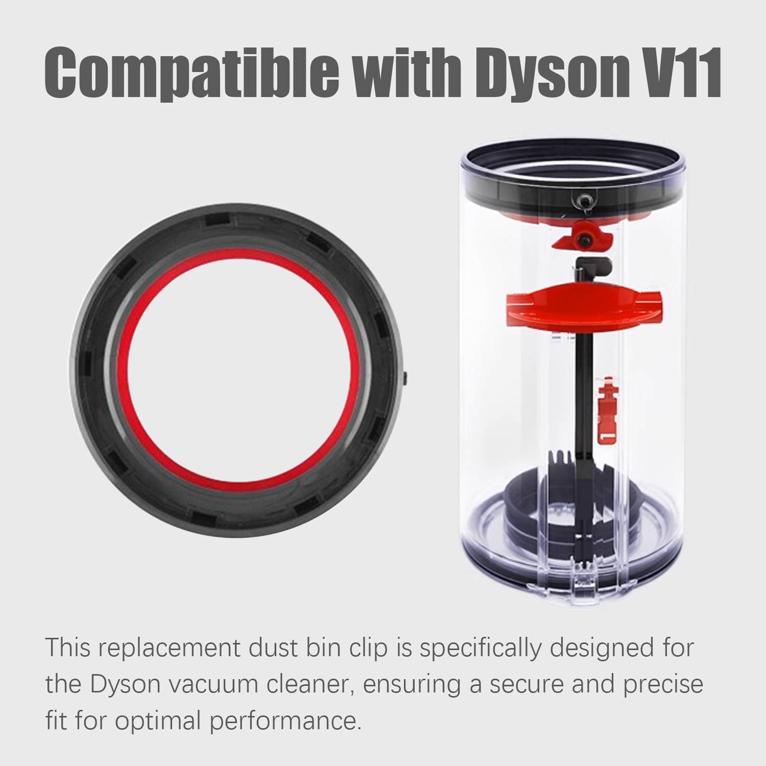 Ersatzbehälter-Clip für Dyson V11 Staubsauger, dargestellt mit dem ringförmigen Teil und montiert am Staubbin, gekennzeichnet mit „Kompatibel mit Dyson V11".