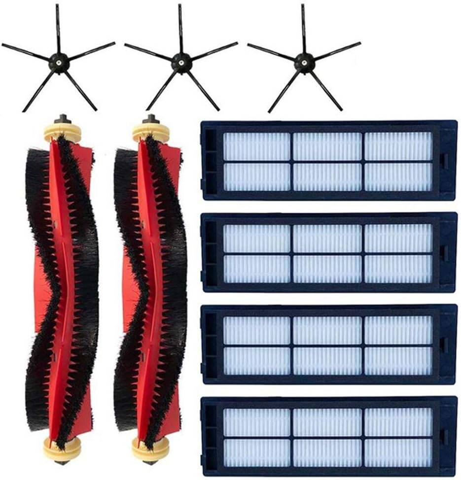 Staubsauger-Roboter-Ersatzteile-Set mit 3 Seitenbürsten, 2 Hauptbürsten und 4 Filtern auf weißem Hintergrund.