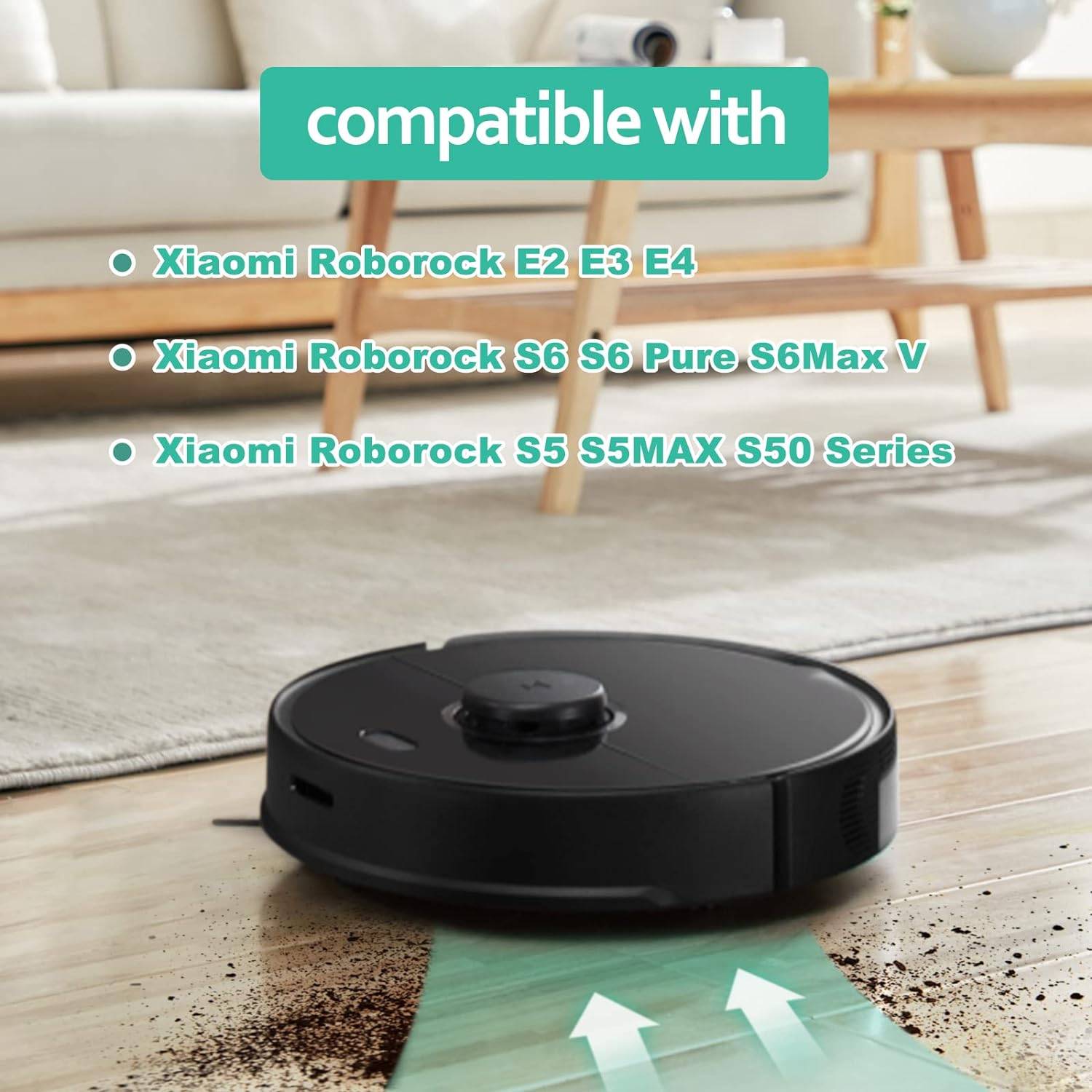Aktionsbild eines Roboterstaubsaugers auf einem Holzboden, gekennzeichnet mit „kompatibel mit" Xiaomi Roborock E2/E3/E4, S6/S6 Pure/S6Max V und S5/S5MAX/S50 Serie.