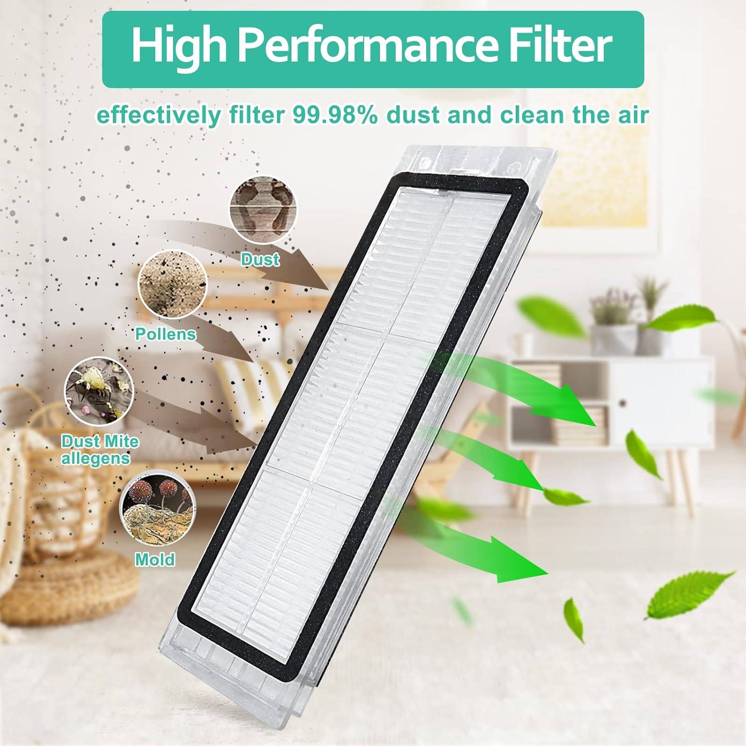 Werbebild eines "Hochleistungsfilters"" mit der Behauptung, 99,98% von Staub, Pollen, Hausstaubmilbenallergenen und Schimmel zu entfernen, mit Pfeilen für saubere Luft.