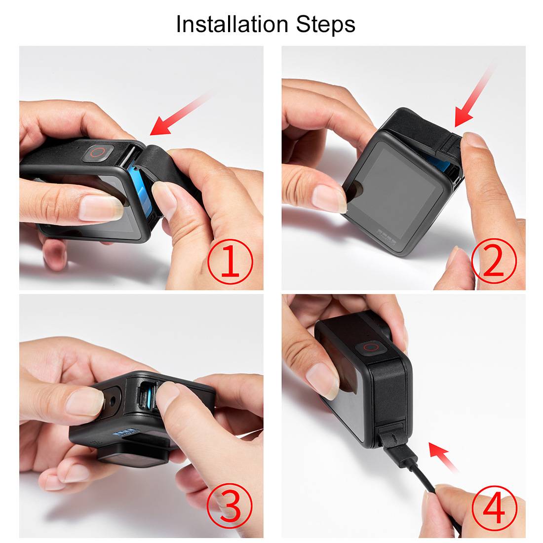 Installationsschritte" Diagramm mit vier Schritten für eine Kamerabefestigung: Abdeckung aufchieben, ausrichten und drücken, Gehäuse sichern, dann Kabel anschließen.