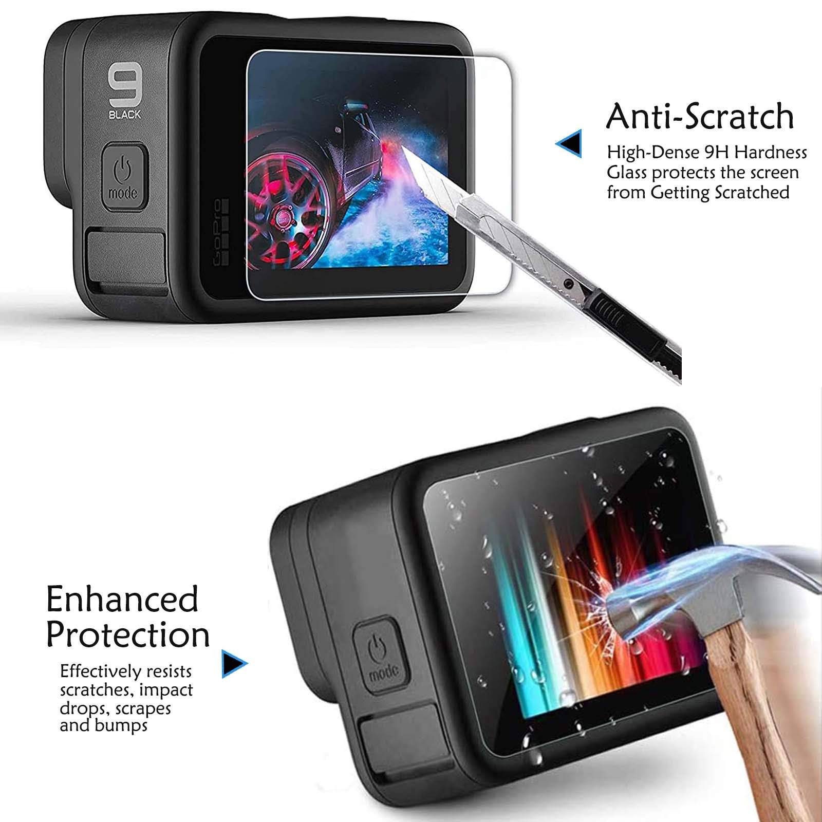 Produktgrafik, die eine Action-Kamera im GoPro-Stil mit einem Displayschutz zeigt, der Kratzer und Hammerschläge abhält, gekennzeichnet mit „Anti-Kratzer" und „Verstärkter Schutz"".