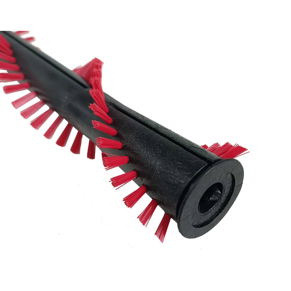 Schwarze zylindrische Bürste mit roten Borsten, die spiralförmig um die Seiten verlaufen, gezeigt auf weißem Hintergrund.