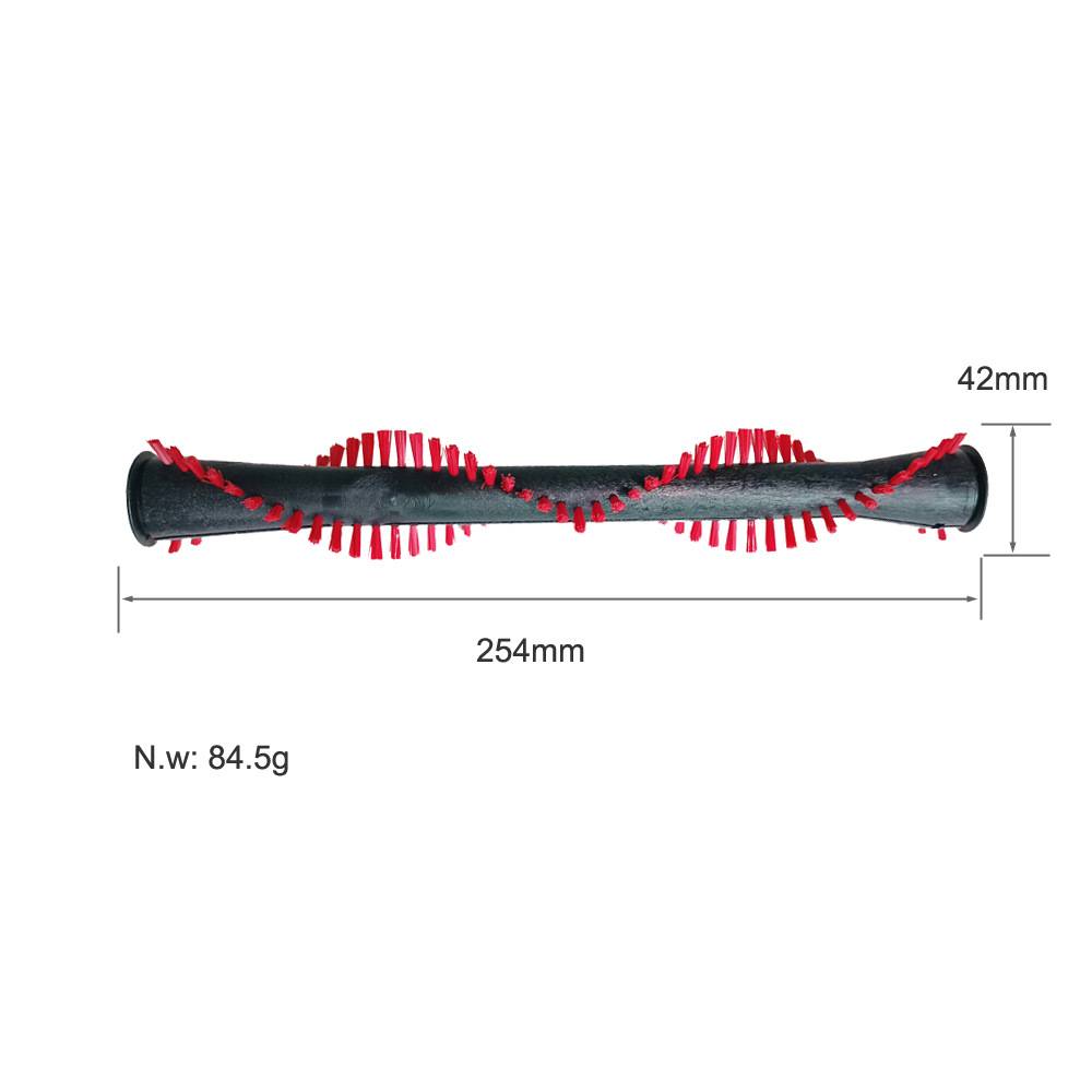 Schwarzes zylindrisches Bürstenwerkzeug mit roten Borsten, gekennzeichnet mit 254 mm Länge und 42 mm Breite, Nettogewicht 84,5 g.