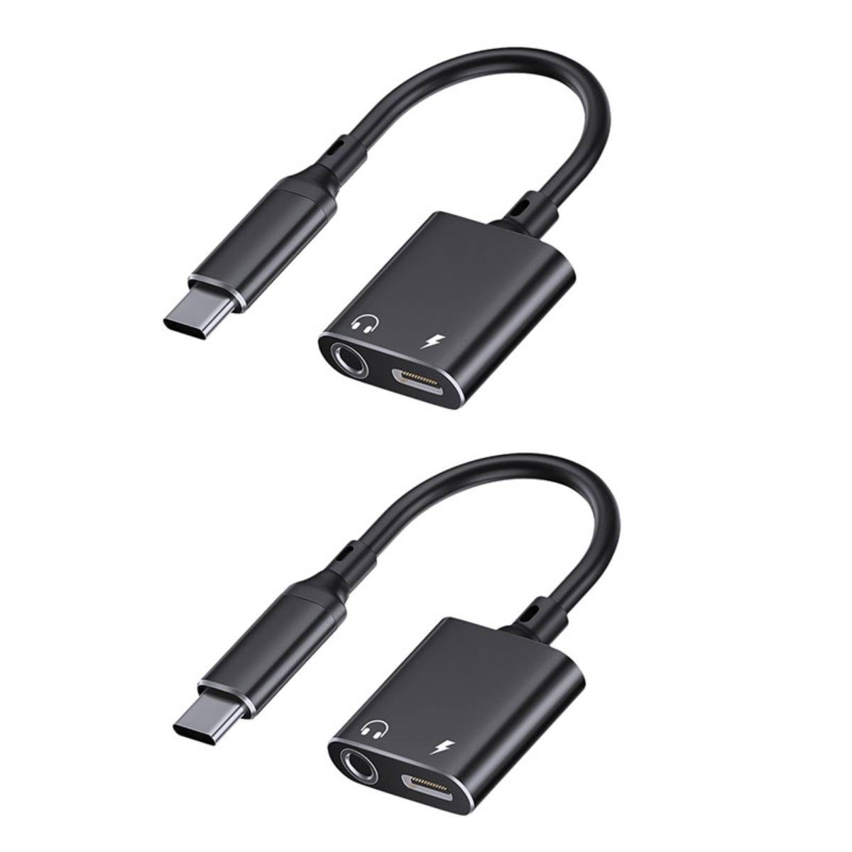 Zwei schwarze USB-C-Adapter-Hubs auf weißem Hintergrund, jeweils mit USB-C-Stecker, USB-C-Anschluss und 3,5-mm-Kopfhörerbuchse.