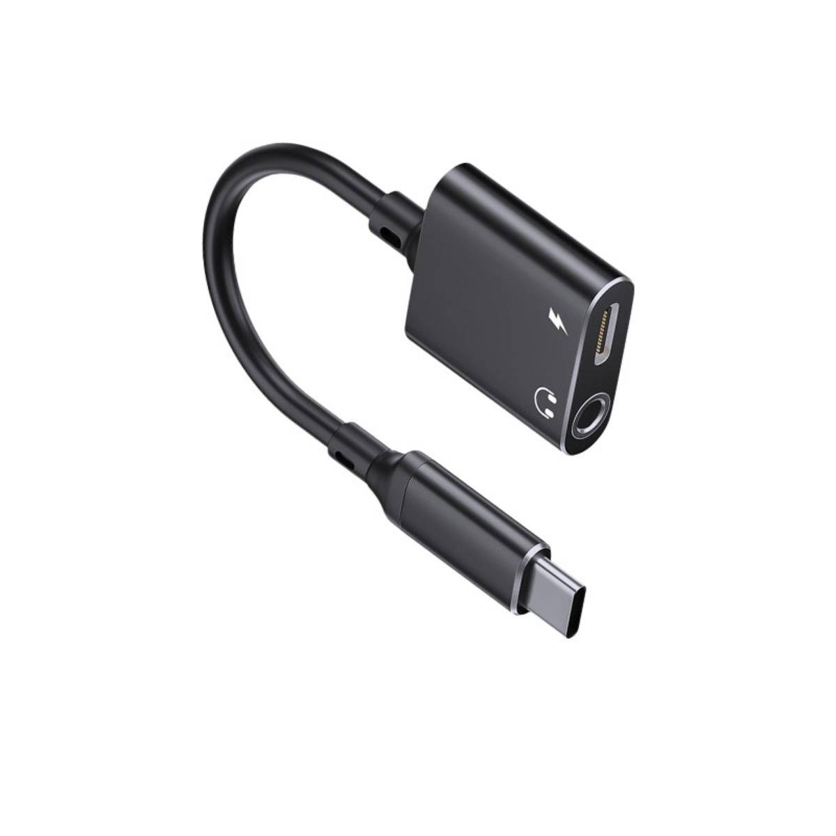 Schwarzes USB-C-Adapterkabel mit einer kleinen Box mit Lightning-Symbol, USB-C-Anschluss und 3,5-mm-Kopfhöreranschluss.