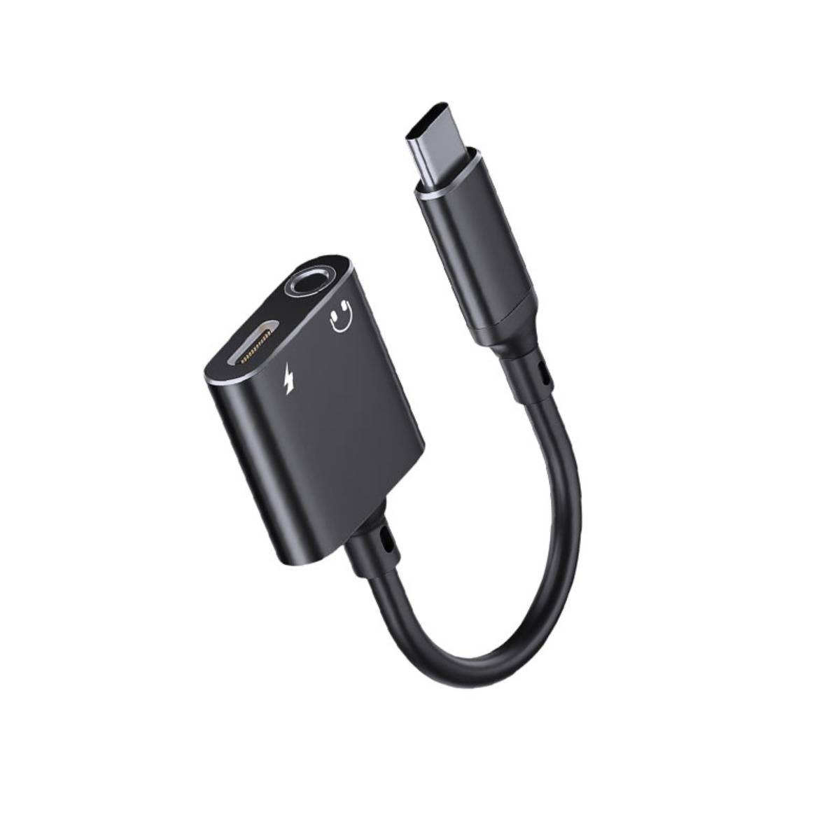 Schwarzer USB-C-zu-3,5-mm-Audioadapter mit USB-C-Ladeanschluss und kurzem flexiblem Kabel
