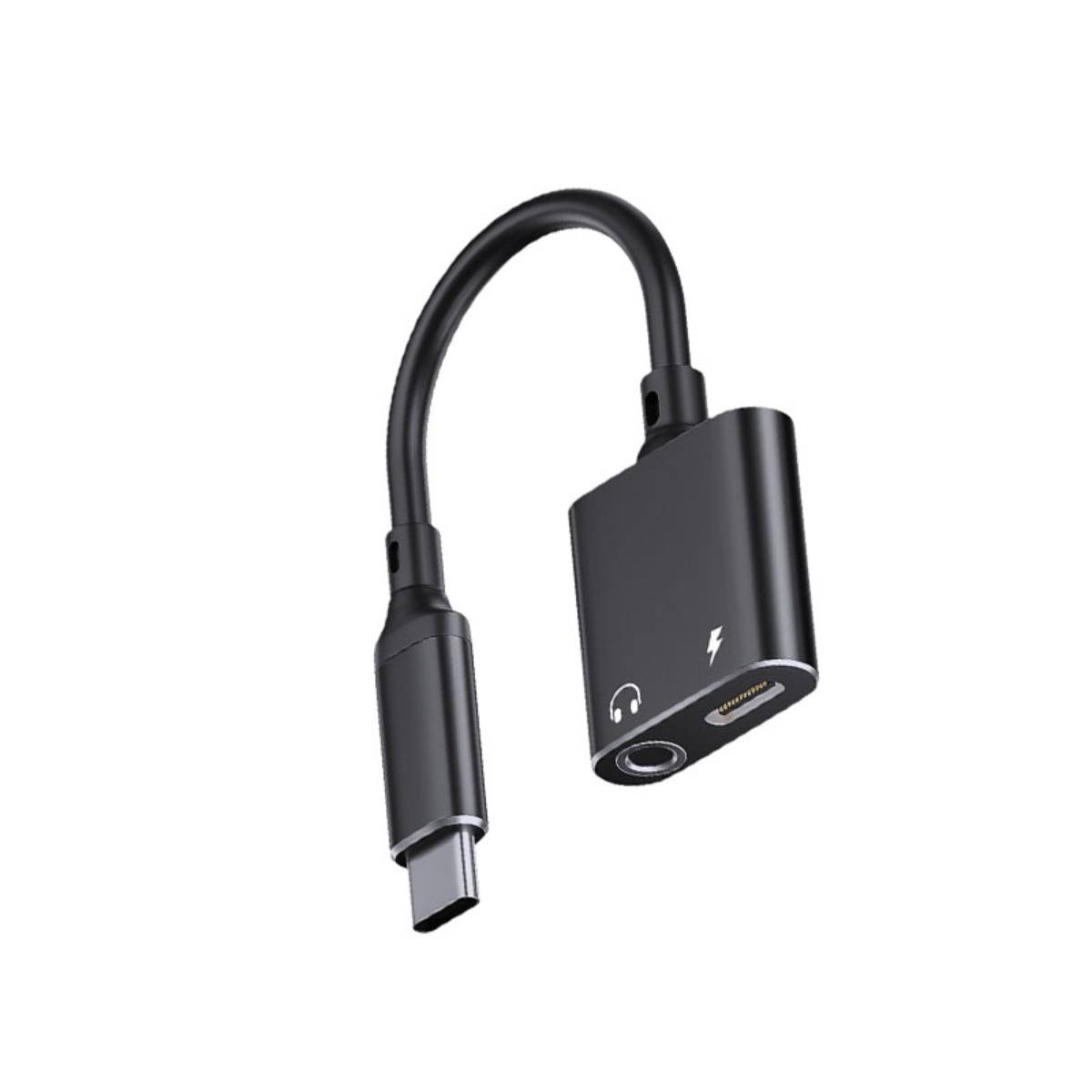 USB-C-Adapter-Dongle mit kurzem Kabel, das auf einer Seite einen USB-C-Stecker und auf der anderen Seite einen 3,5-mm-Kopfhöreranschluss und einen USB-C-Anschluss aufweist.