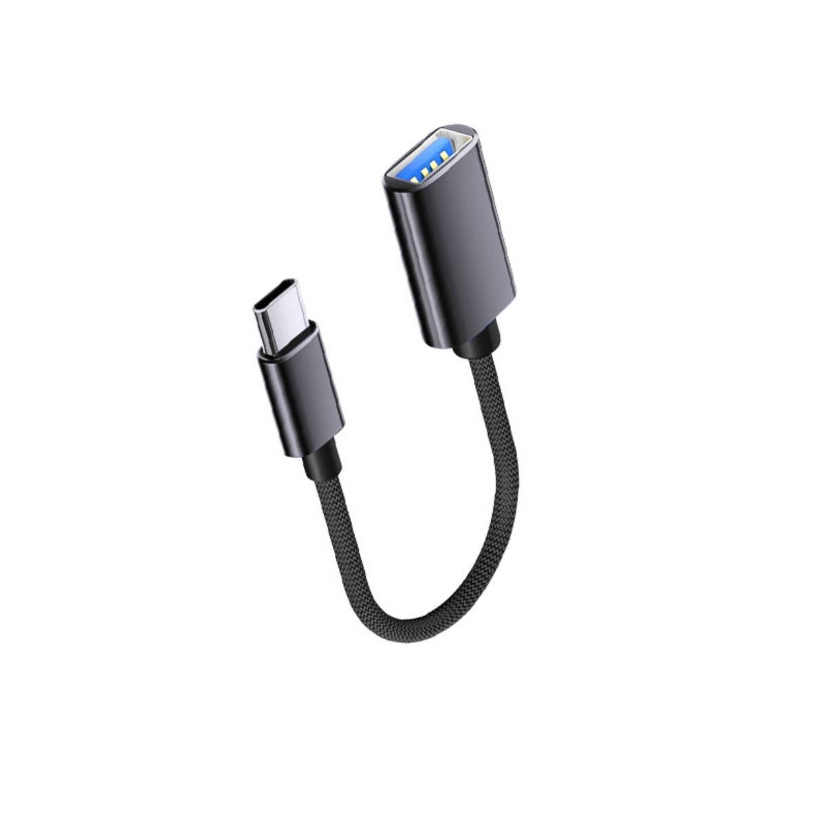 Schwarzes USB-C zu USB-A Adapterkabel auf weißem Hintergrund, das beide Steckerenden zeigt