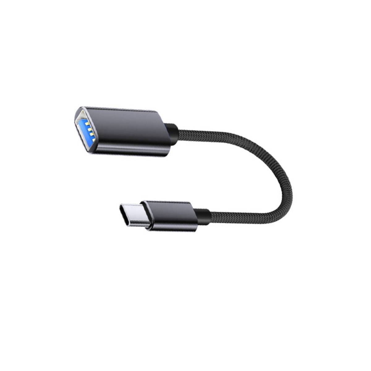 Kurzes USB-C zu USB-A Adapterkabel auf weißem Hintergrund, mit geflochtenem schwarzem Kabel und schwarzen Steckern.