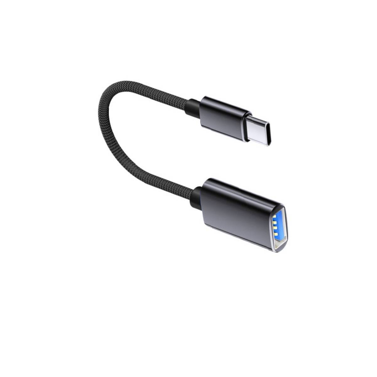 Kurzes USB-C-zu-USB-A-Adapterkabel auf weißem Hintergrund, mit geflochtenem schwarzem Kabel und Metallsteckern.