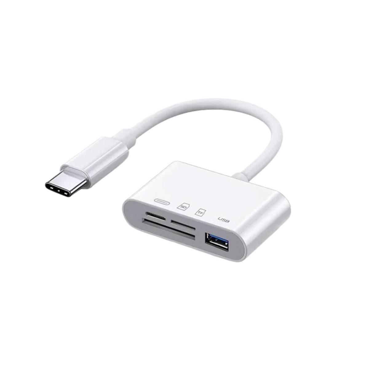 USB-C Adapter Hub mit zwei Kartensteckplätzen und einem USB-A-Anschluss, dargestellt mit angebrachtem Kabel auf weißem Hintergrund.