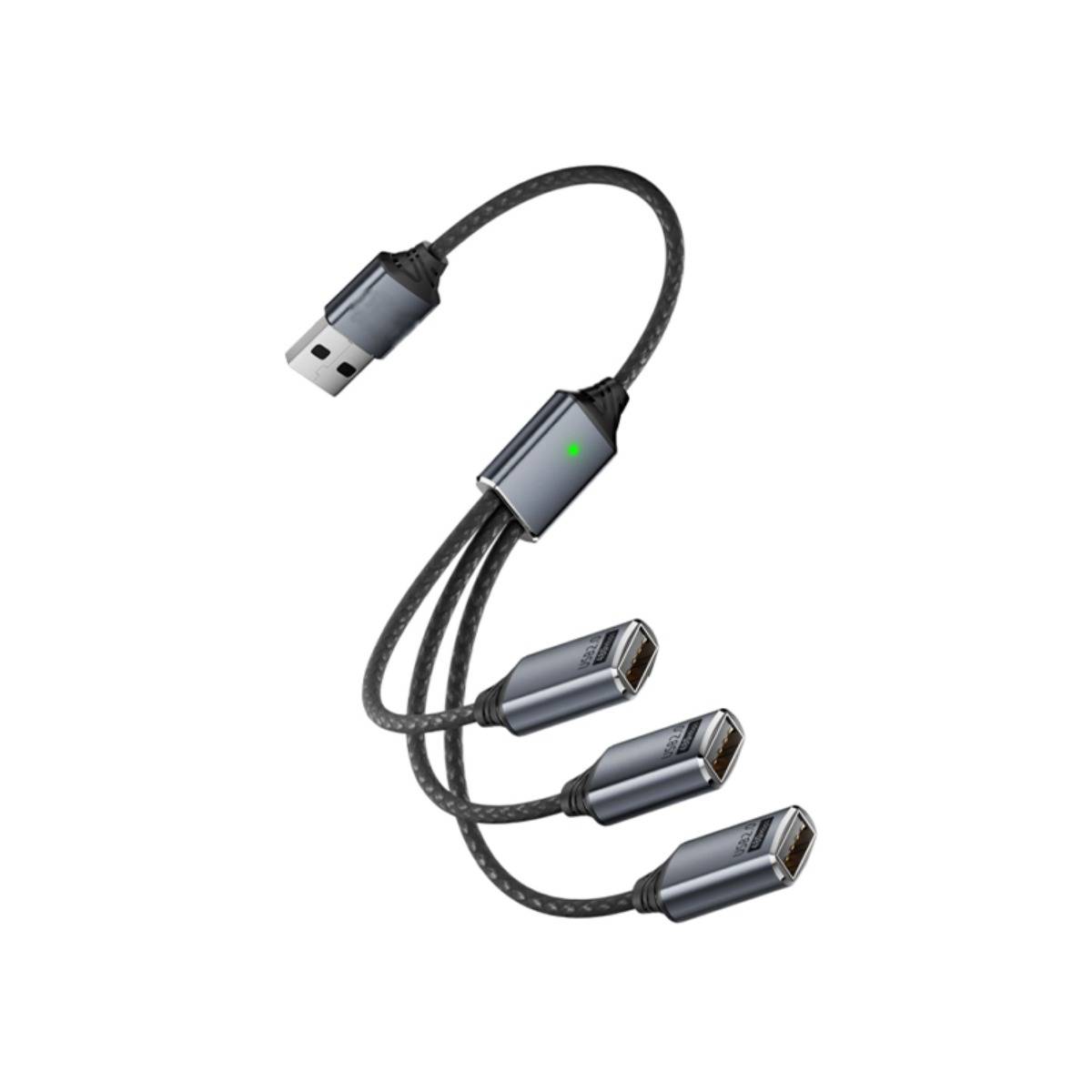 USB-auf-drei-weibliche-USB-A-Adapterkabel mit kleinem Inline-Stecker und grüner Anzeigelampe.