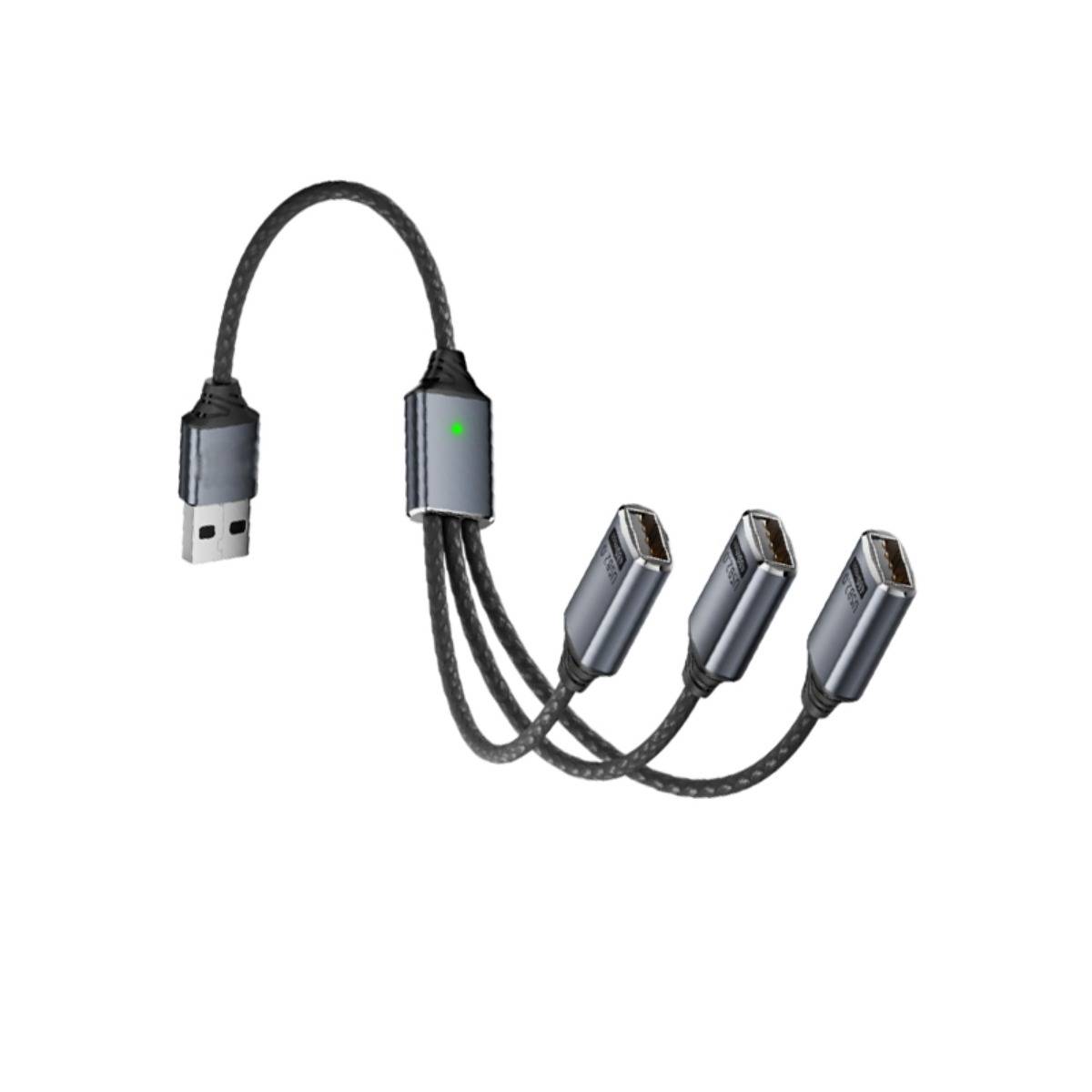 Schwarzes USB-Kabel-Splitter mit einem USB-A-Stecker und drei USB-C-Buchsen, mit kleinem grünem Anzeigelicht