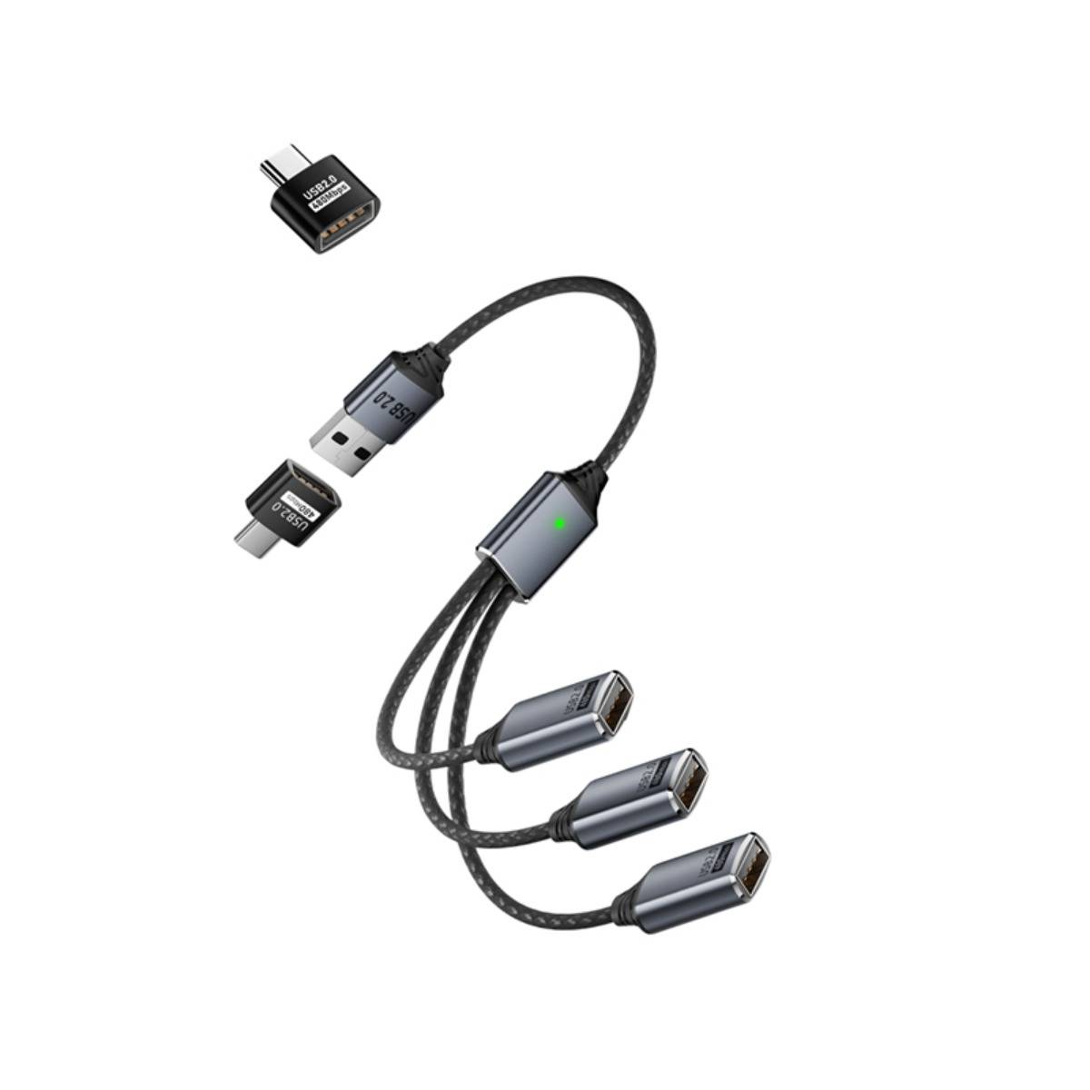 USB 3-in-1 Splitter-Kabel mit USB-A zu Type-C Adapter, aluminiumgeflochtene Multiport-Erweiterung, kompatibel mit Telefon, Tablet, PC