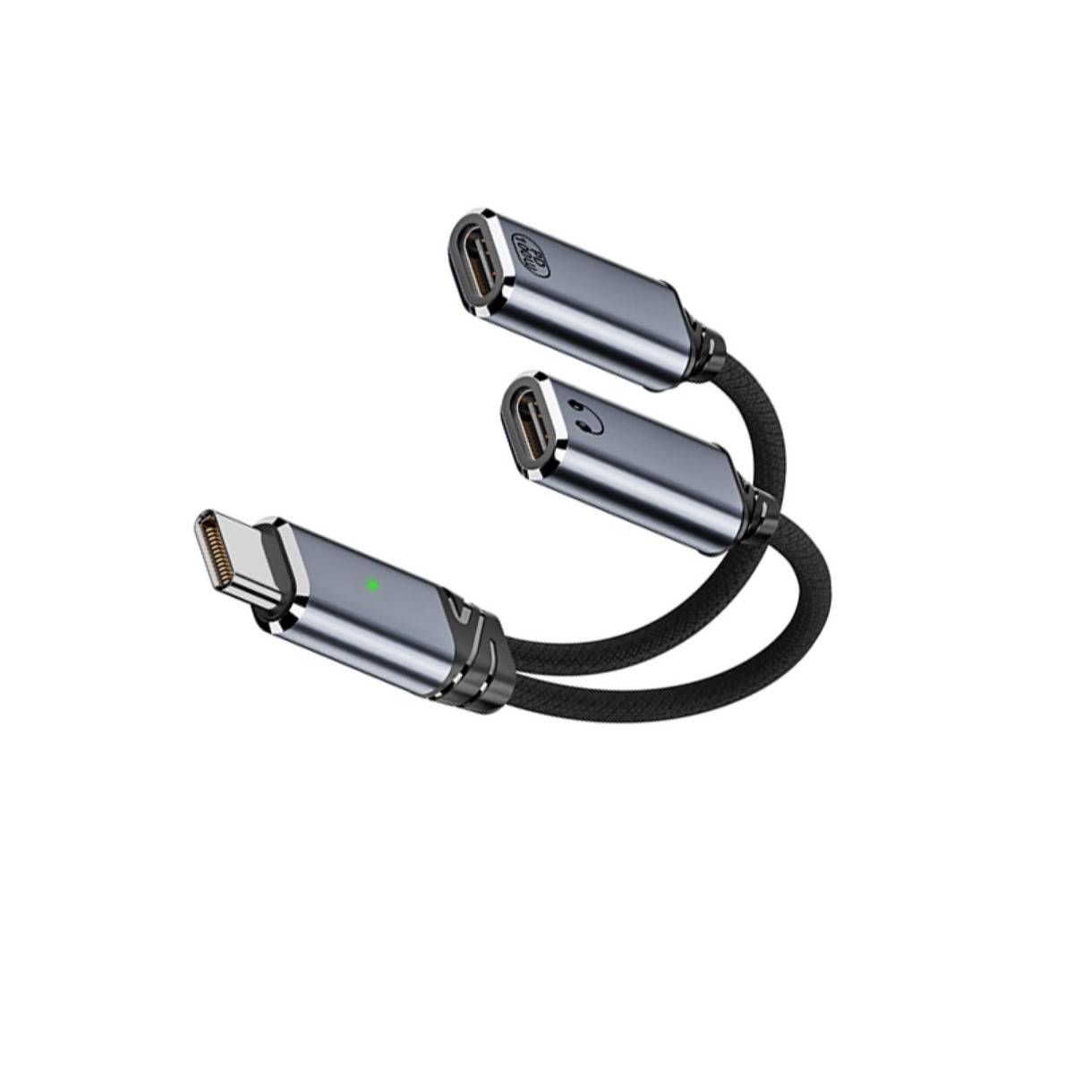 Drei-Wege-USB-C-Adapterkabel mit einem männlichen Stecker und zwei weiblichen Anschlüssen zum Laden oder für Datenverbindungen.