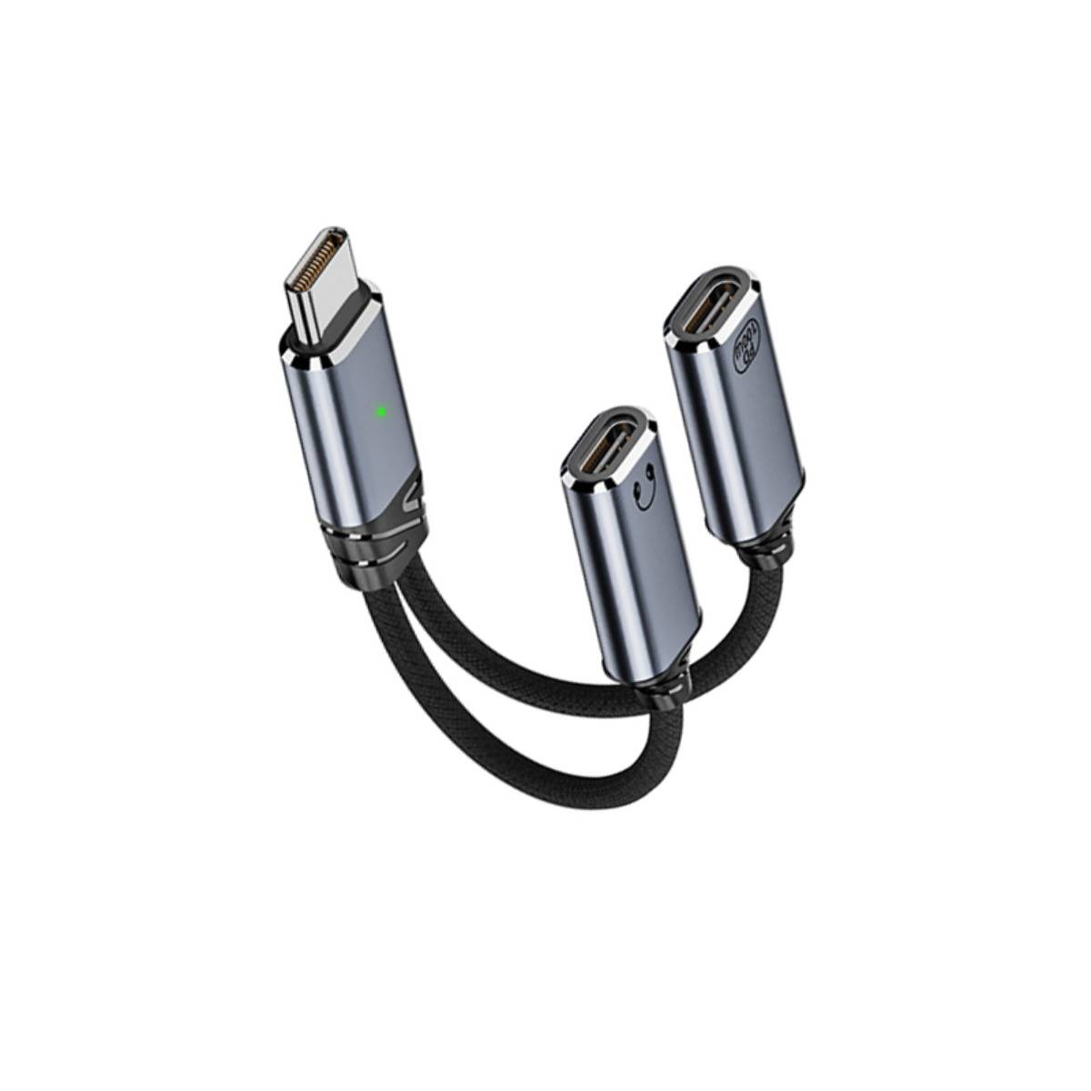 Dreifach-Ladekabel mit USB-C-Stecker und zwei Ausgangsanschlüssen zum gleichzeitigen Laden mehrerer Geräte.
